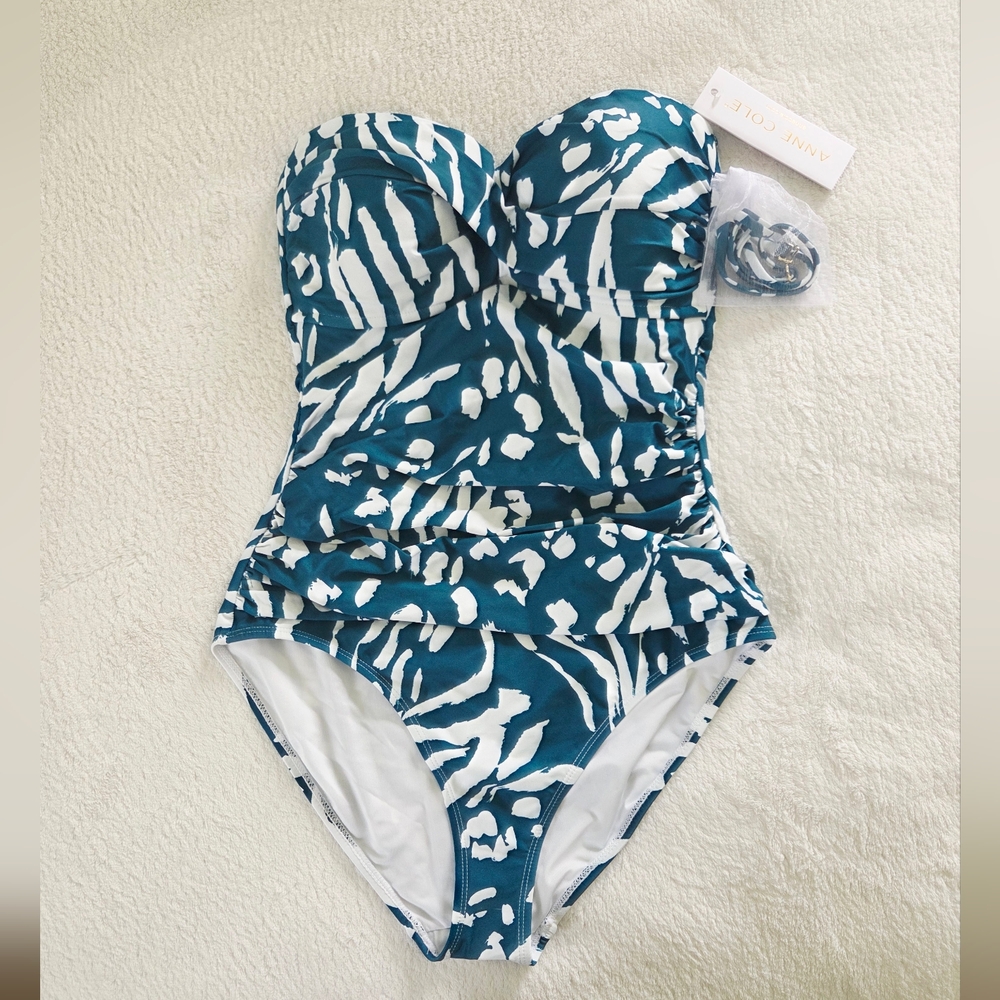 Anne Cole Teal and White Printed One-Piece Swimsuit NWOT